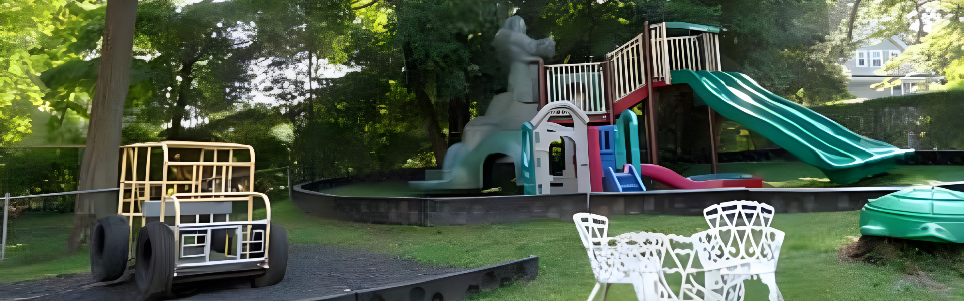 A playground with a slide, swings, and a see-saw